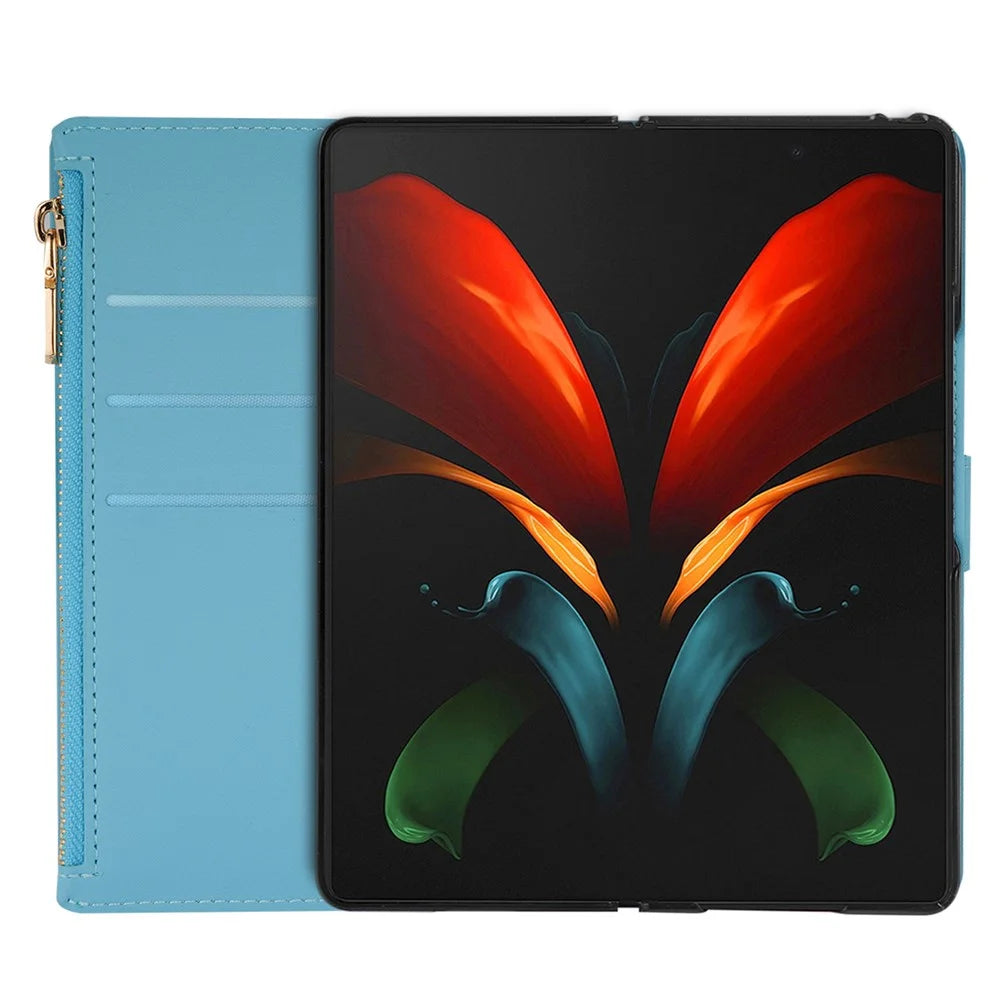 Zipper Wallet Shell for Samsung Galaxy Z Fold5 5G Leather Stand Case Laser Carving Glittery Phone Cover with Strap - Blue - 3