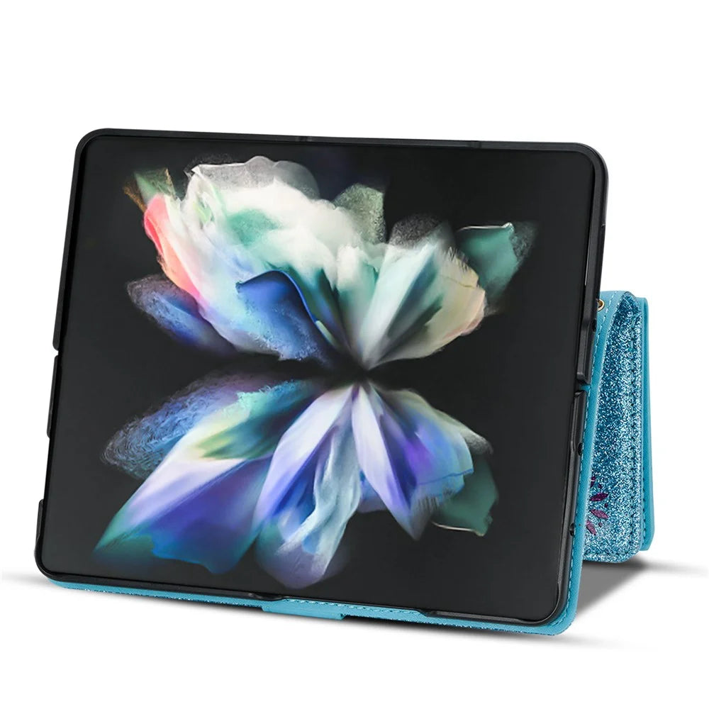 Zipper Wallet Shell for Samsung Galaxy Z Fold5 5G Leather Stand Case Laser Carving Glittery Phone Cover with Strap - Blue - 4