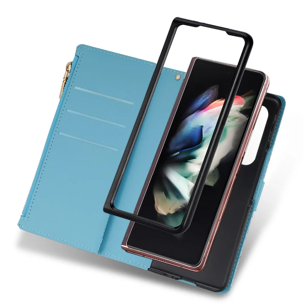 Zipper Wallet Shell for Samsung Galaxy Z Fold5 5G Leather Stand Case Laser Carving Glittery Phone Cover with Strap - Blue - 5