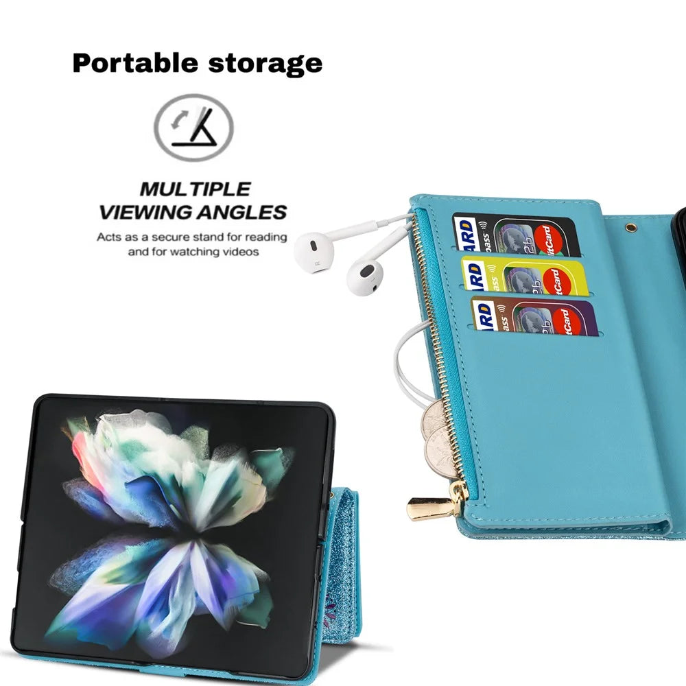 Zipper Wallet Shell for Samsung Galaxy Z Fold5 5G Leather Stand Case Laser Carving Glittery Phone Cover with Strap - Blue - 7