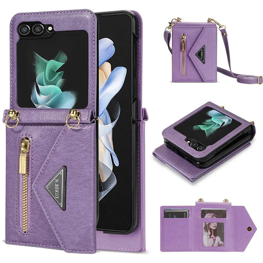N.BEKUS For Samsung Galaxy Z Flip5 5G Phone Case PU Leather Coated PC Zipper Pocket Card Slots Cover with Shoulder Strap - Purple - 1
