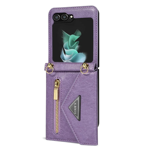 N.BEKUS For Samsung Galaxy Z Flip5 5G Phone Case PU Leather Coated PC Zipper Pocket Card Slots Cover with Shoulder Strap - Purple - 2