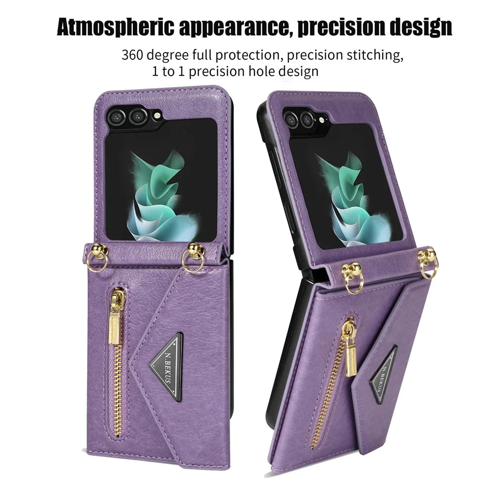 N.BEKUS For Samsung Galaxy Z Flip5 5G Phone Case PU Leather Coated PC Zipper Pocket Card Slots Cover with Shoulder Strap - Purple - 7