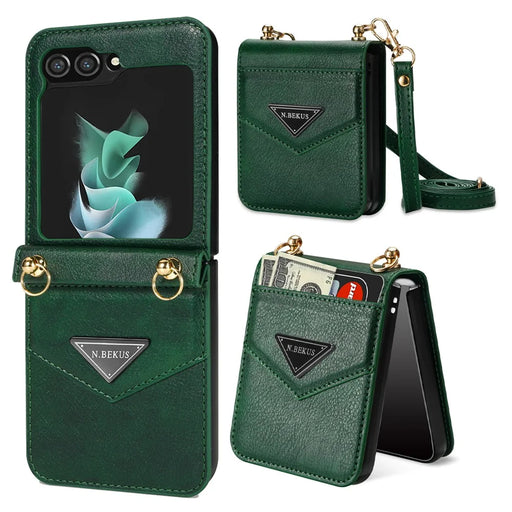N.BEKUS Card Holder Phone Cover for Samsung Galaxy Z Flip5 5G , PU Leather Coated PC Protective Case with Lanyard - Green - 1