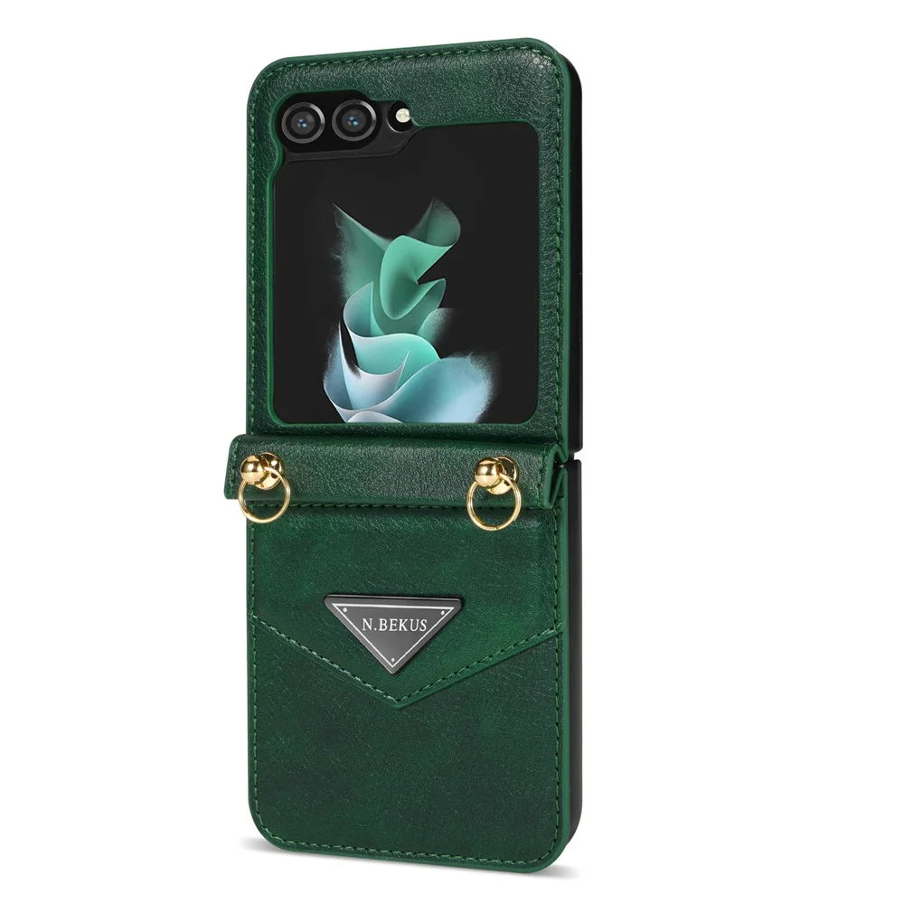 N.BEKUS Card Holder Phone Cover for Samsung Galaxy Z Flip5 5G , PU Leather Coated PC Protective Case with Lanyard - Green - 2