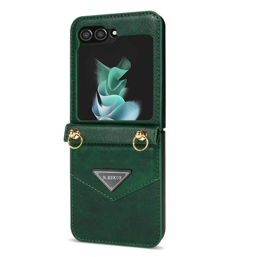 N.BEKUS Card Holder Phone Cover for Samsung Galaxy Z Flip5 5G , PU Leather Coated PC Protective Case with Lanyard - Green - 2