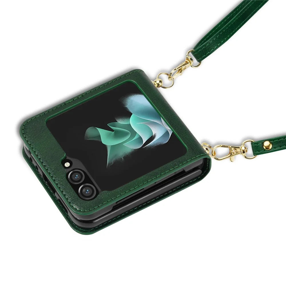 N.BEKUS Card Holder Phone Cover for Samsung Galaxy Z Flip5 5G , PU Leather Coated PC Protective Case with Lanyard - Green - 4