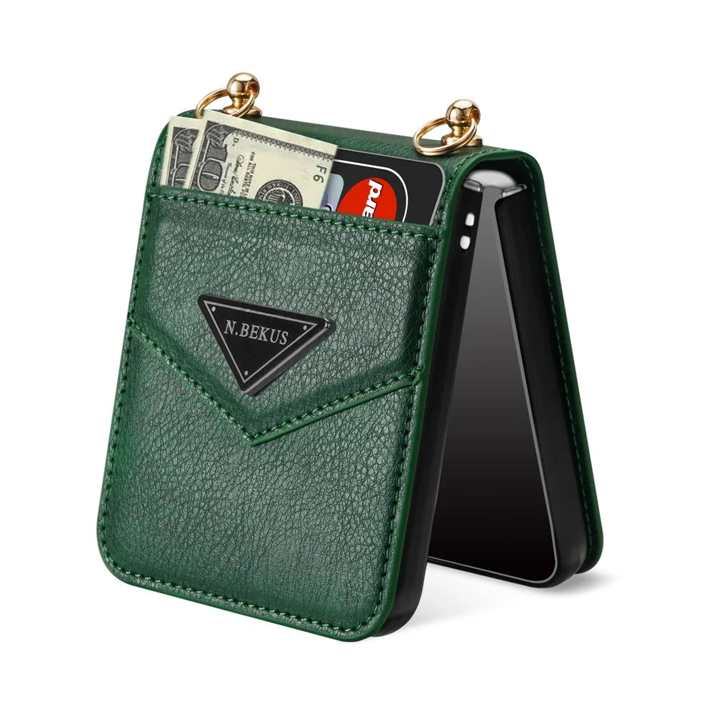 N.BEKUS Card Holder Phone Cover for Samsung Galaxy Z Flip5 5G , PU Leather Coated PC Protective Case with Lanyard - Green - 5