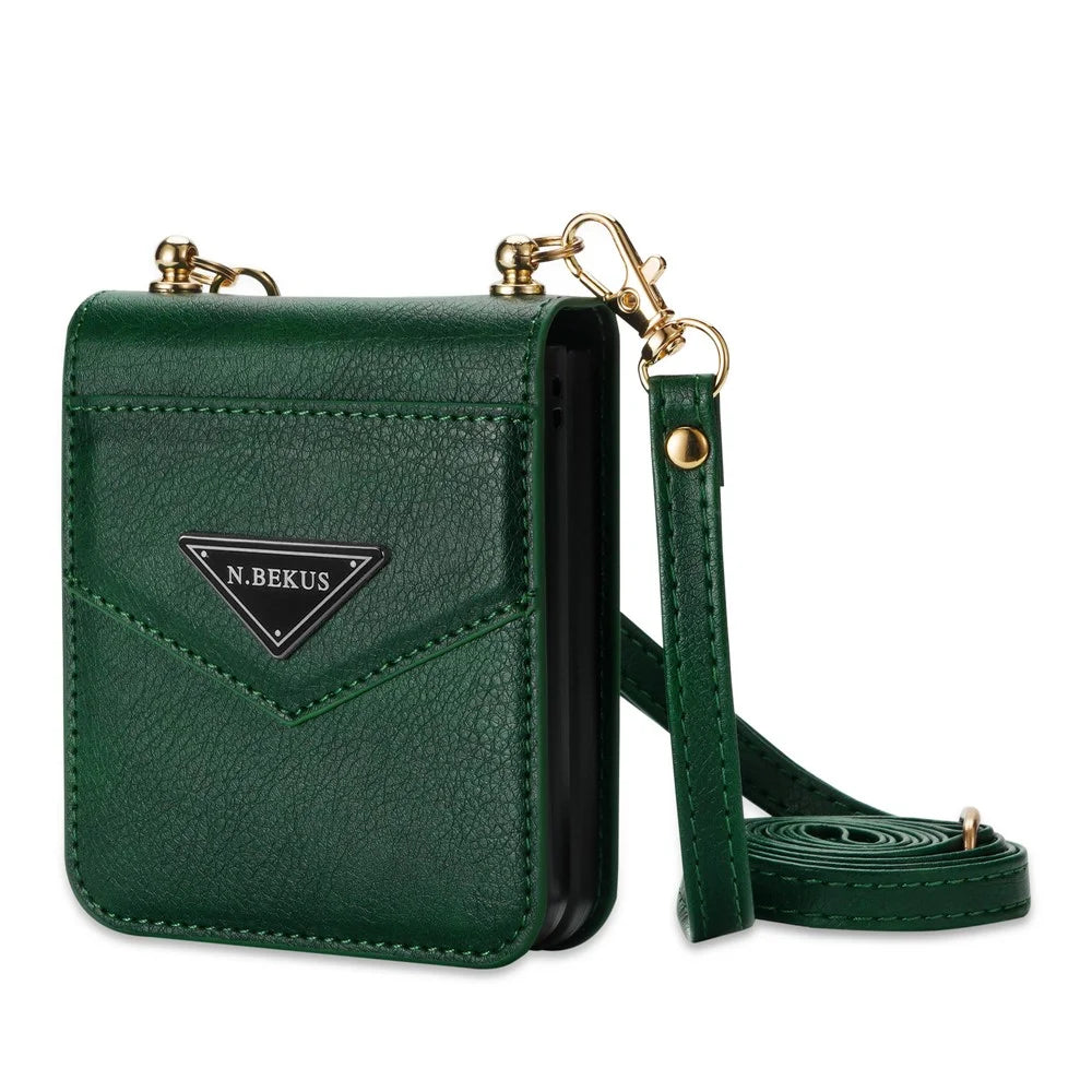 N.BEKUS Card Holder Phone Cover for Samsung Galaxy Z Flip5 5G , PU Leather Coated PC Protective Case with Lanyard - Green - 6