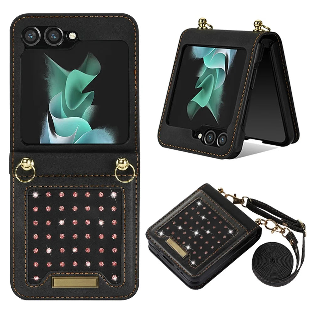 For Samsung Galaxy Z Flip5 5G RFID Blocking Wallet Case PU Leather Coated PC Rhinestone Decor Phone Cover with Lanyard - Black - 1