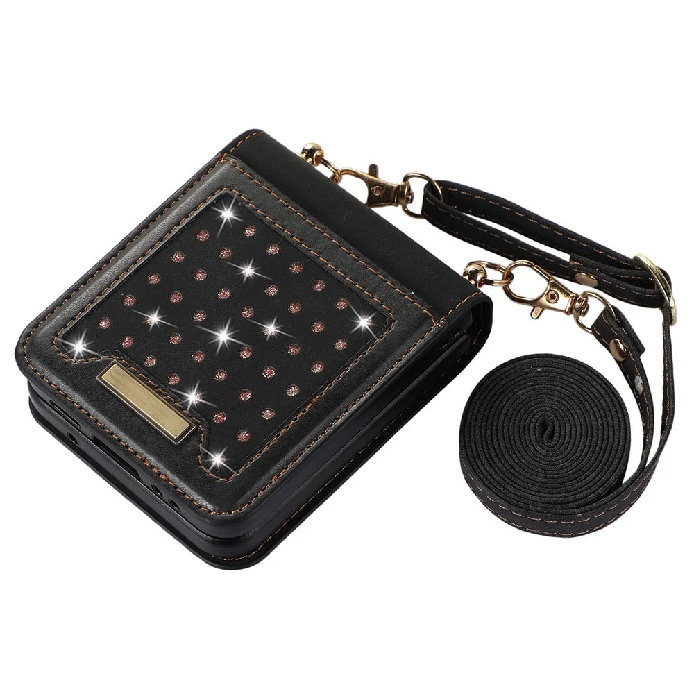 For Samsung Galaxy Z Flip5 5G RFID Blocking Wallet Case PU Leather Coated PC Rhinestone Decor Phone Cover with Lanyard - Black - 2