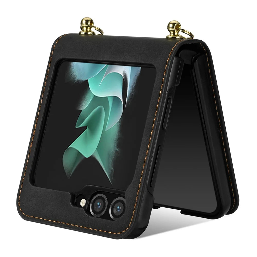 For Samsung Galaxy Z Flip5 5G RFID Blocking Wallet Case PU Leather Coated PC Rhinestone Decor Phone Cover with Lanyard - Black - 3