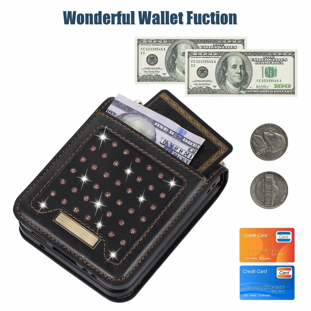 For Samsung Galaxy Z Flip5 5G RFID Blocking Wallet Case PU Leather Coated PC Rhinestone Decor Phone Cover with Lanyard - Black - 5