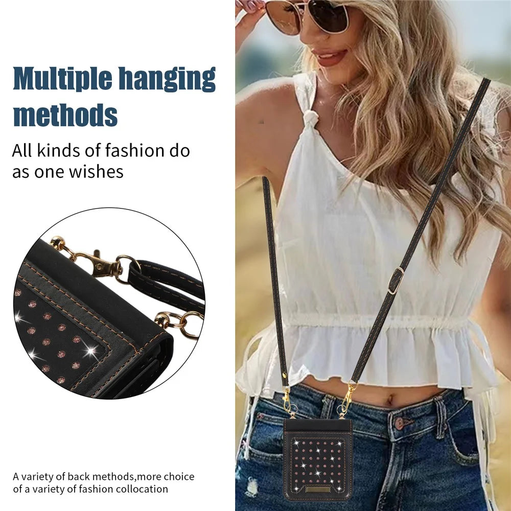 For Samsung Galaxy Z Flip5 5G RFID Blocking Wallet Case PU Leather Coated PC Rhinestone Decor Phone Cover with Lanyard - Black - 7