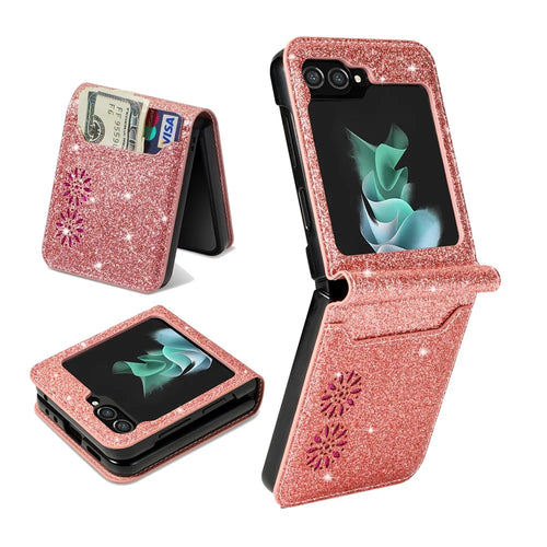 For Samsung Galaxy Z Flip5 5G PU Leather + PC Card Slot Case Laser Carving Glittery Starry Style Phone Cover - Rose Gold - 1