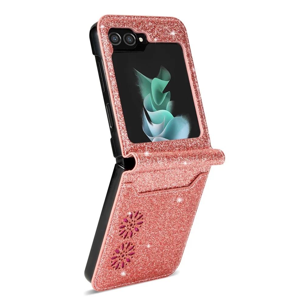 For Samsung Galaxy Z Flip5 5G PU Leather + PC Card Slot Case Laser Carving Glittery Starry Style Phone Cover - Rose Gold - 2