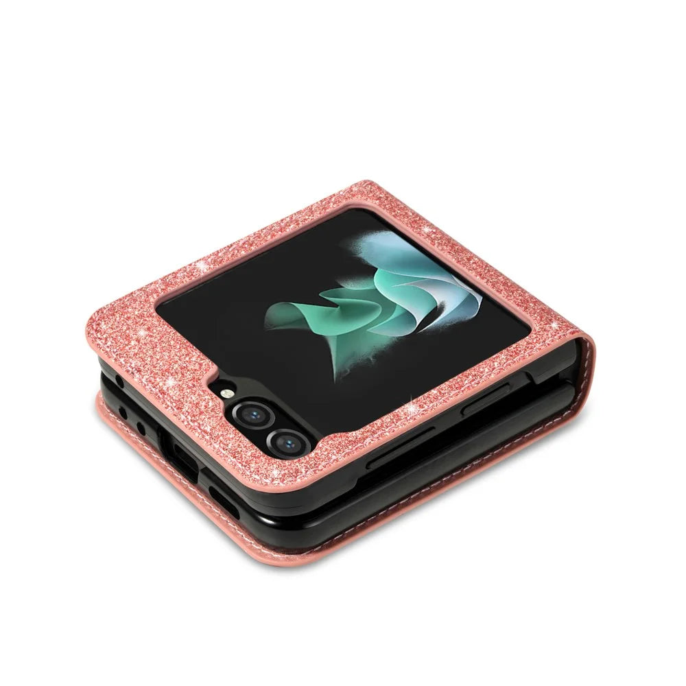 For Samsung Galaxy Z Flip5 5G PU Leather + PC Card Slot Case Laser Carving Glittery Starry Style Phone Cover - Rose Gold - 3