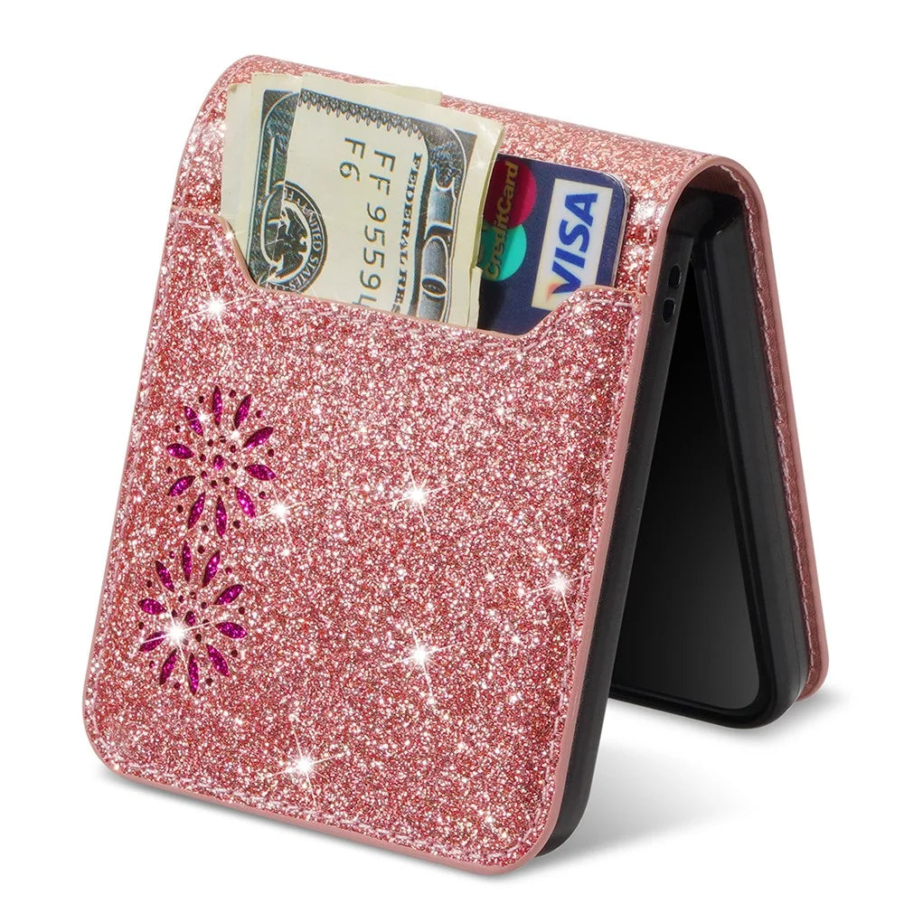 For Samsung Galaxy Z Flip5 5G PU Leather + PC Card Slot Case Laser Carving Glittery Starry Style Phone Cover - Rose Gold - 5