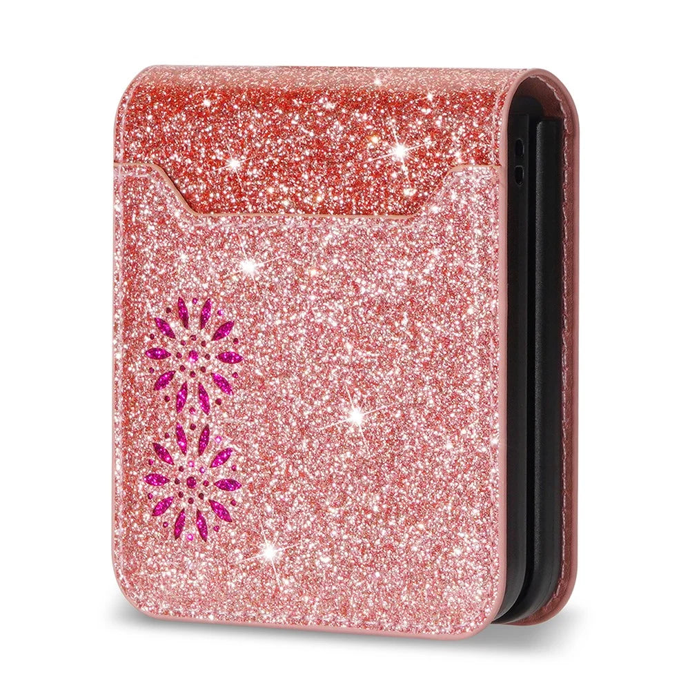 For Samsung Galaxy Z Flip5 5G PU Leather + PC Card Slot Case Laser Carving Glittery Starry Style Phone Cover - Rose Gold - 6
