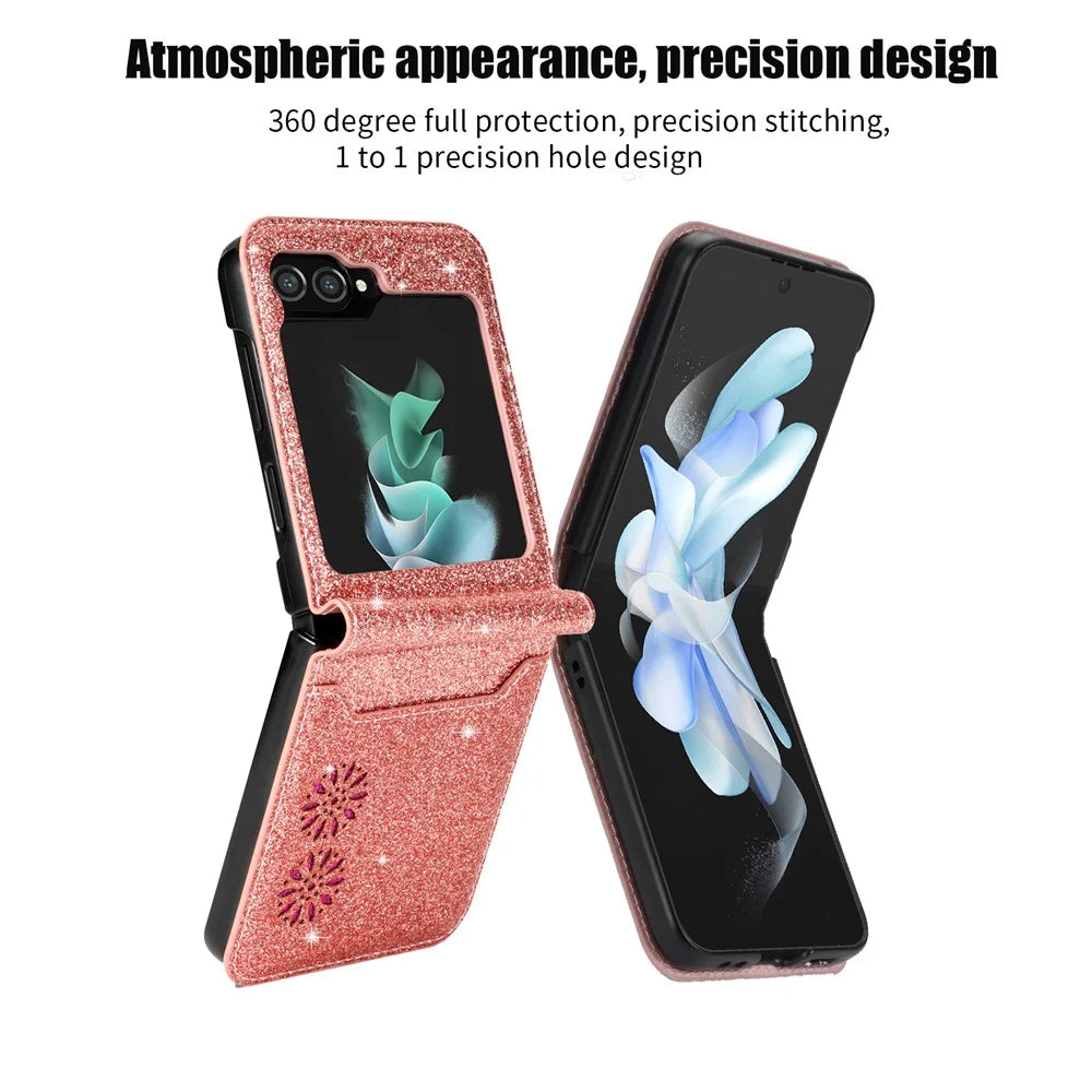 For Samsung Galaxy Z Flip5 5G PU Leather + PC Card Slot Case Laser Carving Glittery Starry Style Phone Cover - Rose Gold - 7