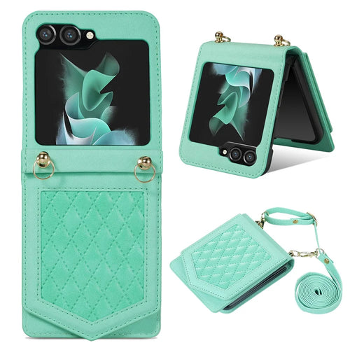 For Samsung Galaxy Z Flip5 5G RFID Blocking Phone Case PU Leather + PC Card Slot Cover with Makeup Mirror / Shoulder Strap - Mint Green - 1