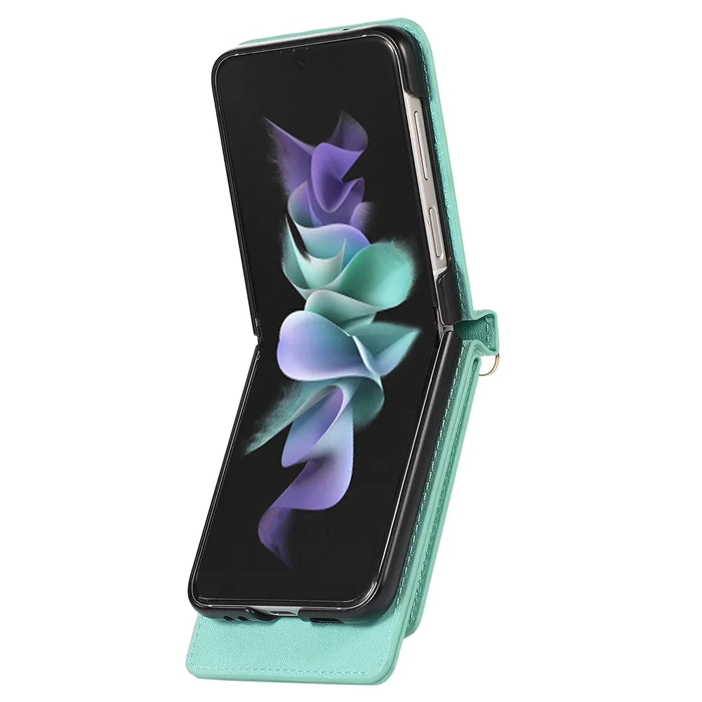 For Samsung Galaxy Z Flip5 5G RFID Blocking Phone Case PU Leather + PC Card Slot Cover with Makeup Mirror / Shoulder Strap - Mint Green - 2