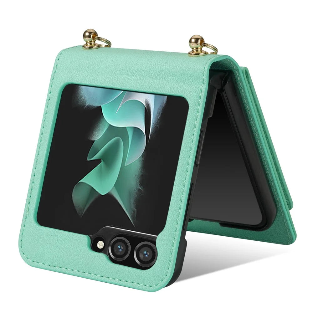 For Samsung Galaxy Z Flip5 5G RFID Blocking Phone Case PU Leather + PC Card Slot Cover with Makeup Mirror / Shoulder Strap - Mint Green - 3