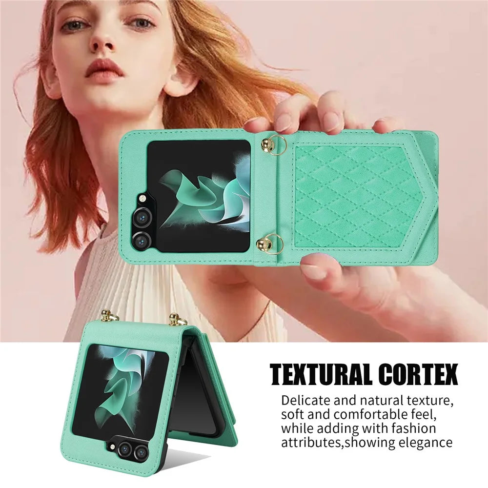 For Samsung Galaxy Z Flip5 5G RFID Blocking Phone Case PU Leather + PC Card Slot Cover with Makeup Mirror / Shoulder Strap - Mint Green - 5