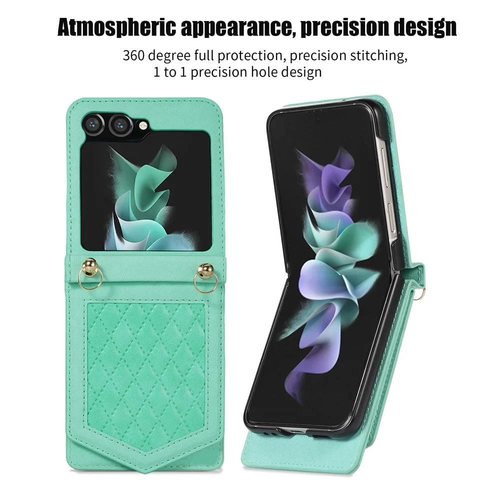 For Samsung Galaxy Z Flip5 5G RFID Blocking Phone Case PU Leather + PC Card Slot Cover with Makeup Mirror / Shoulder Strap - Mint Green - 6