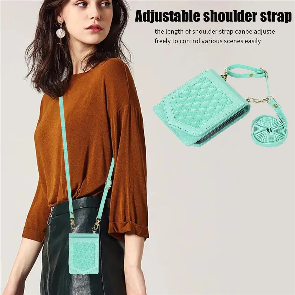 For Samsung Galaxy Z Flip5 5G RFID Blocking Phone Case PU Leather + PC Card Slot Cover with Makeup Mirror / Shoulder Strap - Mint Green - 7