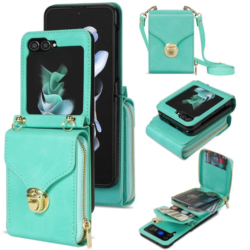 For Samsung Galaxy Z Flip5 5G PU Leather Coated TPU+PC Phone Case Zipper Pocket Card Slot Cover with Shoulder Strap - Mint Green - 1