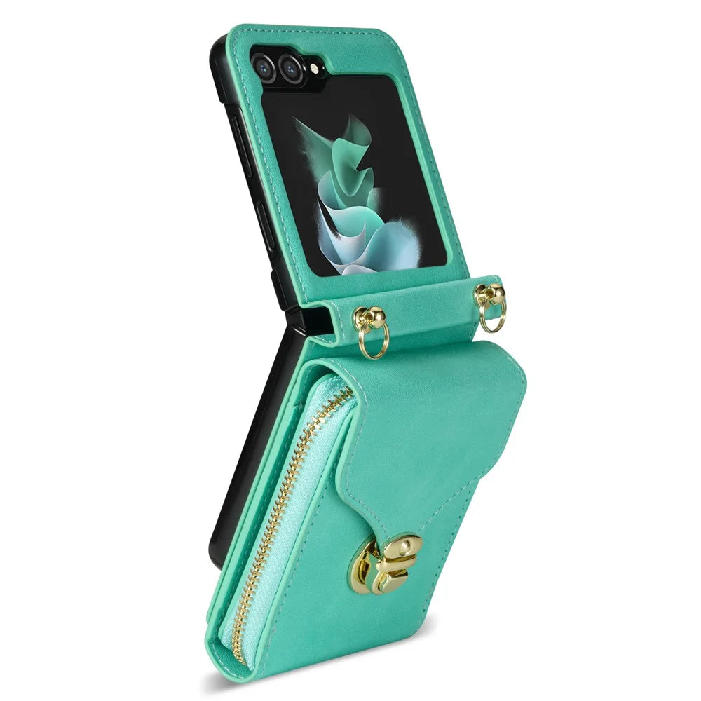 For Samsung Galaxy Z Flip5 5G PU Leather Coated TPU+PC Phone Case Zipper Pocket Card Slot Cover with Shoulder Strap - Mint Green - 2