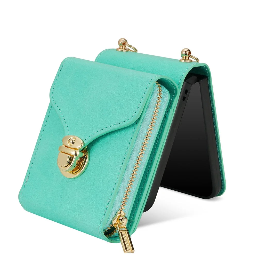 For Samsung Galaxy Z Flip5 5G PU Leather Coated TPU+PC Phone Case Zipper Pocket Card Slot Cover with Shoulder Strap - Mint Green - 3