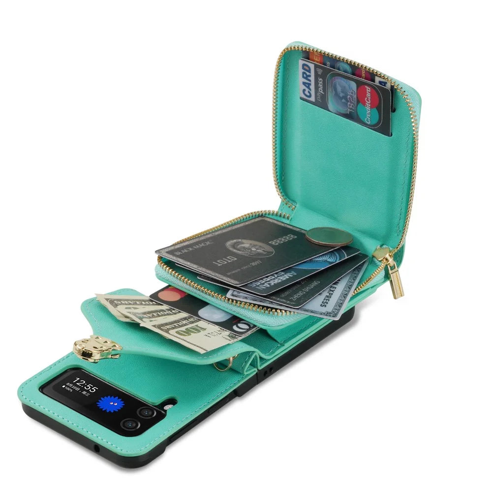 For Samsung Galaxy Z Flip5 5G PU Leather Coated TPU+PC Phone Case Zipper Pocket Card Slot Cover with Shoulder Strap - Mint Green - 4