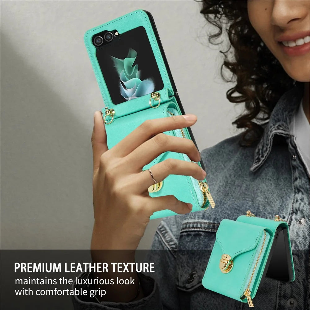 For Samsung Galaxy Z Flip5 5G PU Leather Coated TPU+PC Phone Case Zipper Pocket Card Slot Cover with Shoulder Strap - Mint Green - 6