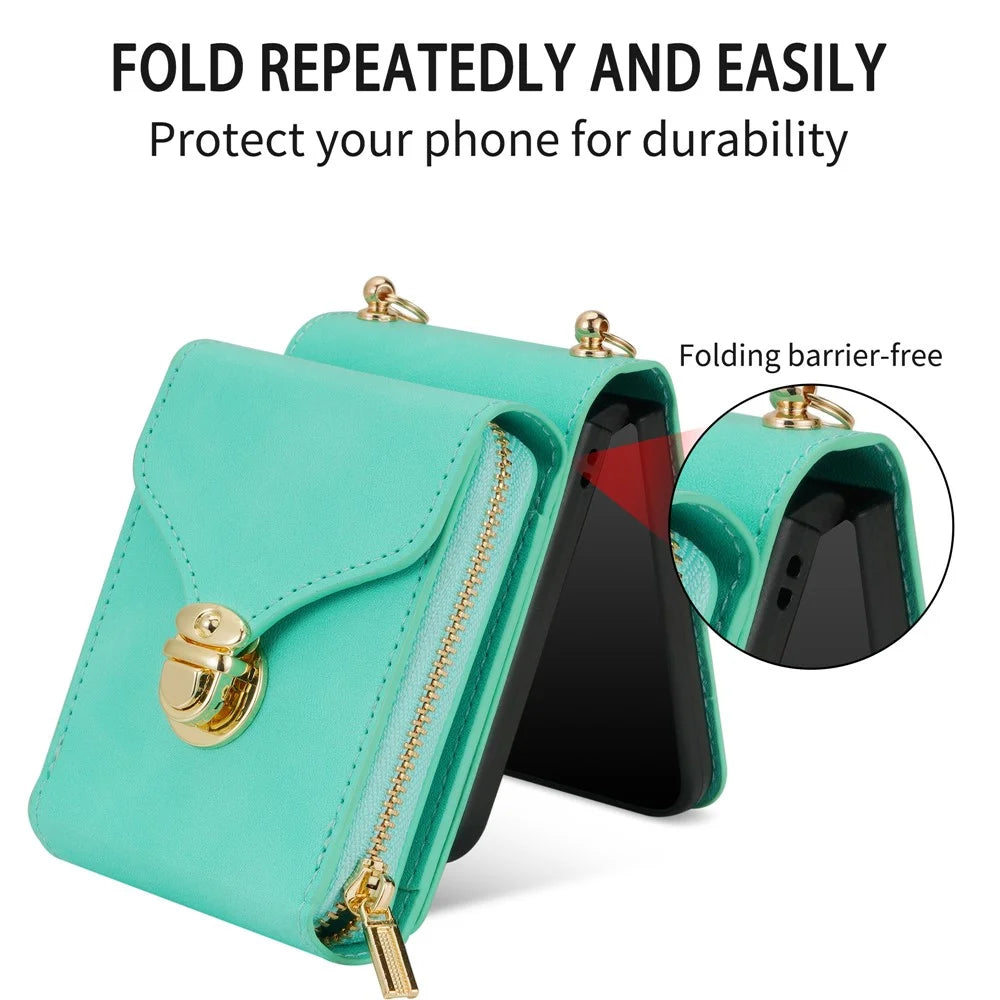 For Samsung Galaxy Z Flip5 5G PU Leather Coated TPU+PC Phone Case Zipper Pocket Card Slot Cover with Shoulder Strap - Mint Green - 7