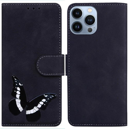 For iPhone 15 Pro Max Anti-scratch Flip Stand Wallet Case PU Leather Butterfly Printing Phone Cover - Black - 1