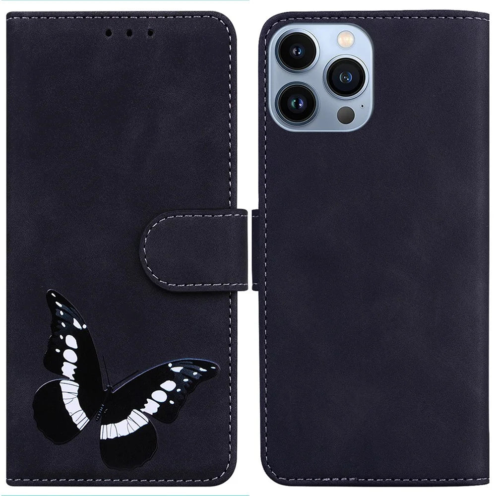 For iPhone 15 Pro Max Anti-scratch Flip Stand Wallet Case PU Leather Butterfly Printing Phone Cover - Black - 1