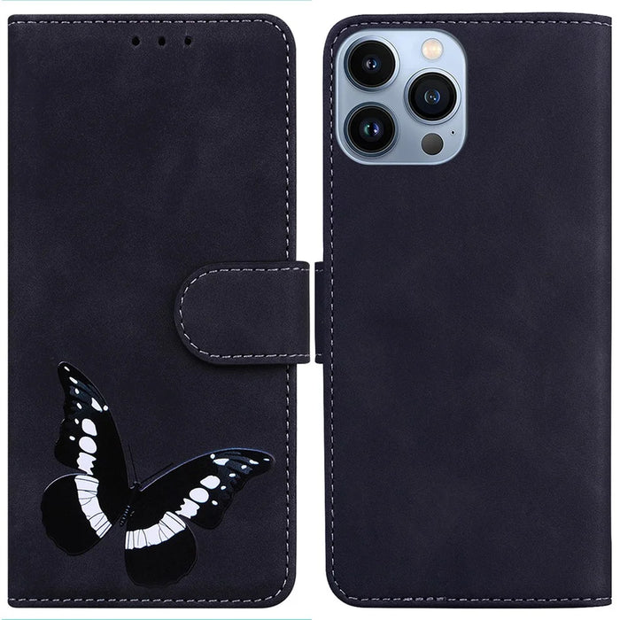For iPhone 15 Pro Max Anti-scratch Flip Stand Wallet Case PU Leather Butterfly Printing Phone Cover - Black - 1
