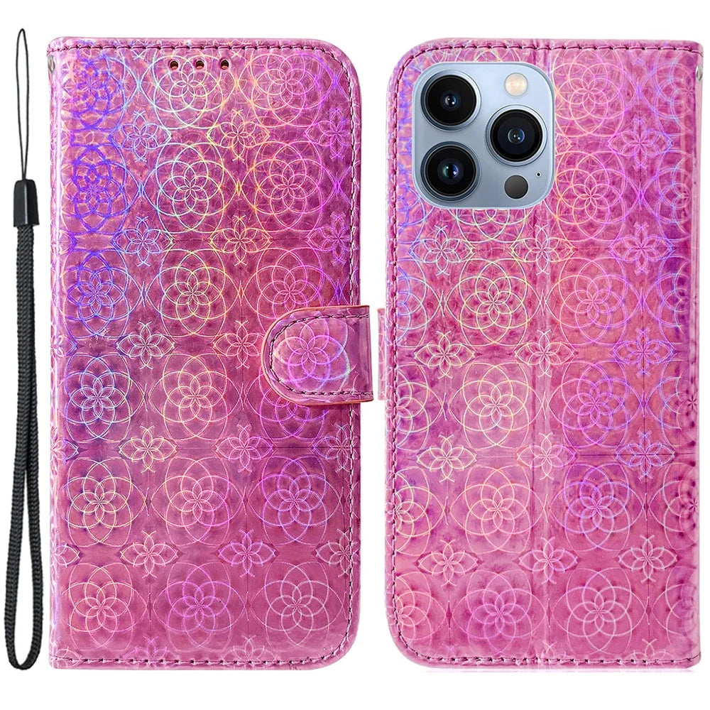 Stand Wallet Case for iPhone 15 Pro Max , Dazzling Flower Pattern Leather Cell Phone Cover - Pink - 1