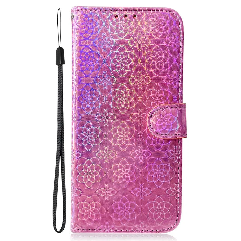 Stand Wallet Case for iPhone 15 Pro Max , Dazzling Flower Pattern Leather Cell Phone Cover - Pink - 6