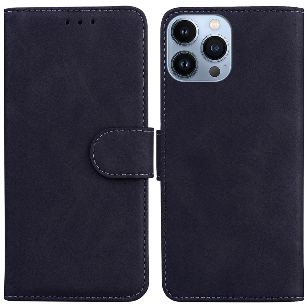 For iPhone 15 Pro Max Anti-Scratch Phone Case Stand PU Leather Wallet Solid Color Mobile Phone Cover - Black - 1