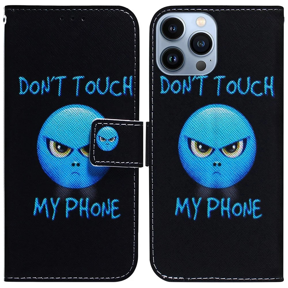 For iPhone 15 Pro Max Leather Phone Case Wallet Stand Pattern Printing Cover - Don't Touch My Phone - 1
