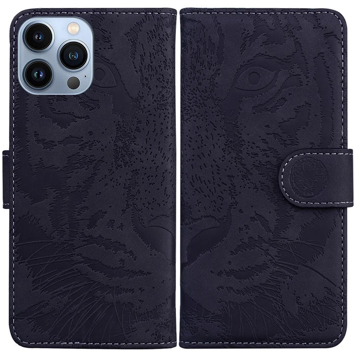 For iPhone 15 Pro Max Phone Wallet Case Imprinted Tiger PU Leather Stand Phone Cover - Black - 1