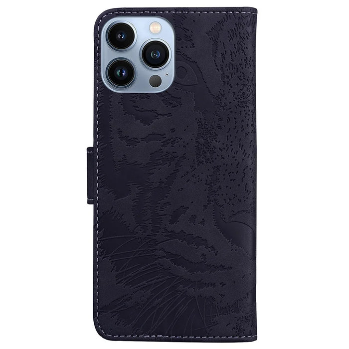 For iPhone 15 Pro Max Phone Wallet Case Imprinted Tiger PU Leather Stand Phone Cover - Black - 7