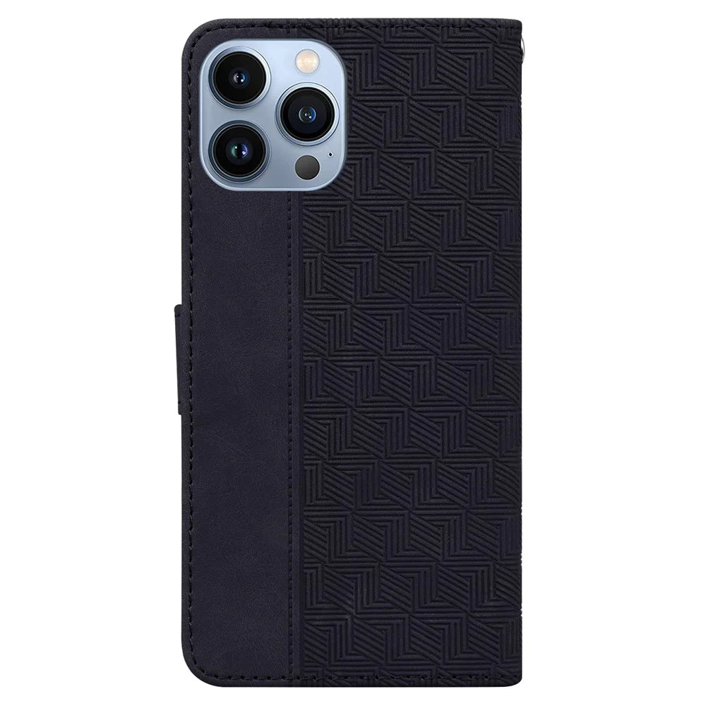 For iPhone 15 Pro Max Geometry Imprint PU Leather Phone Case Foldable Stand Wallet Cover - Black - 7
