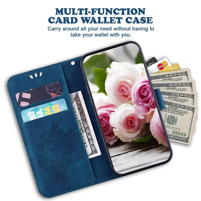 For iPhone 15 Pro Wallet Phone Case Stand Rose Butterfly Imprinted PU Leather Phone Cover - Blue - 3