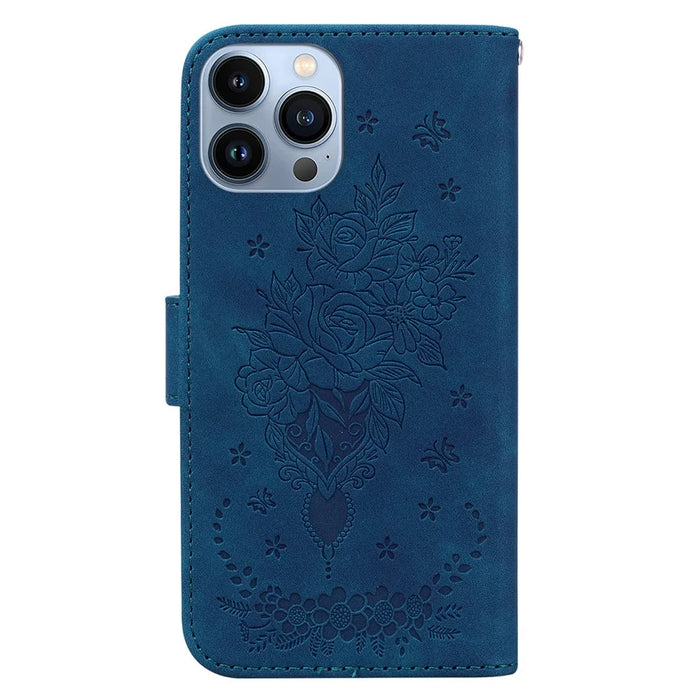 For iPhone 15 Pro Wallet Phone Case Stand Rose Butterfly Imprinted PU Leather Phone Cover - Blue - 7