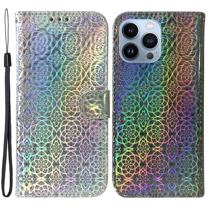 Dazzling Flower Pattern Wallet Case for iPhone 15 Pro , Stand PU Leather Phone Cover - Grey - 1