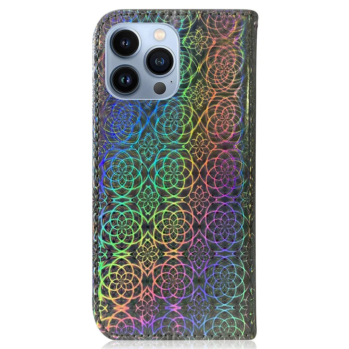 Dazzling Flower Pattern Wallet Case for iPhone 15 Pro , Stand PU Leather Phone Cover - Grey - 7